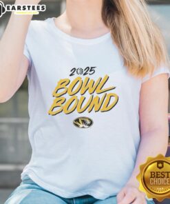 Alt Text: 2025 Nice Missouri Tigers Bowl Bound ladies tee featuring team colors and logo for fans celebrating the season.