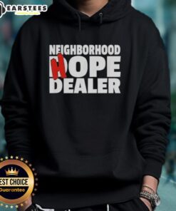 Stylish Nice Neighborhood Hope Dealer hoodie in a vibrant urban setting, showcasing streetwear fashion and community spirit.
