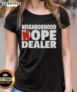 Stylish 'Hope Dealer' ladies tee in a nice neighborhood, showcasing a positive message and trendy design.
