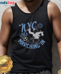 Fan wearing a tank top celebrates NYC FC with a vibrant march in New York City, showcasing team spirit and pride.