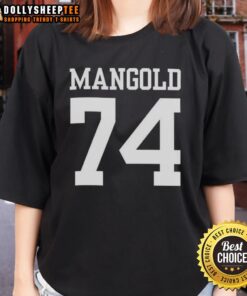 Alt Text: Ladies tee featuring Nick Mangold 74, showcasing New York Jets pride and style for fans.