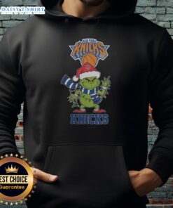 NY Knicks Christmas Grinch Santa hat holiday hoodie for 2025, featuring festive design and team logo.