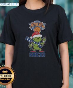 2025 Ladies Tee featuring New York Knicks design with Christmas Grinch Santa Hat for holiday cheer.