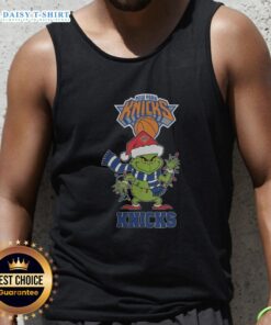 New York Knicks Christmas Grinch Santa hat holiday tank top for 2025, perfect for festive basketball fans.