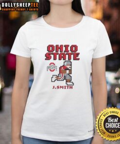 Alt Text: Ladies' retro Ohio State Buckeyes football tee featuring Jeremiah Smith design, perfect for fans and casual wear.
