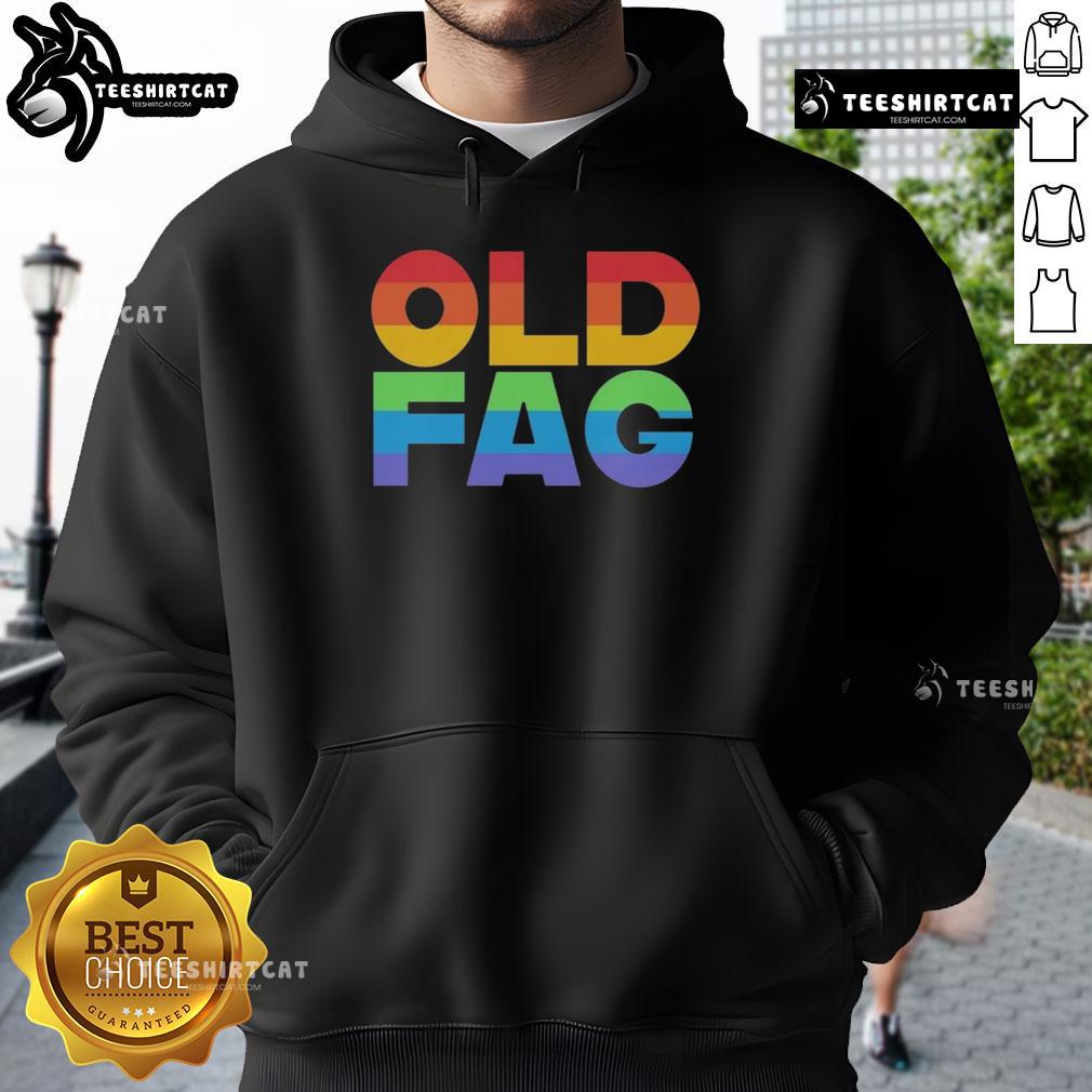Nice Old Fag Pride Hoodie Nice old Fag Pride hoodie featuring vibrant rainbow colors and bold text, celebrating LGBTQ+ pride and inclusivity.