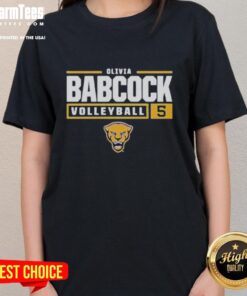 Alt Text: Olivia Babcock, Pitt Panthers volleyball player, wearing a stylish ladies tee during a game on the court.