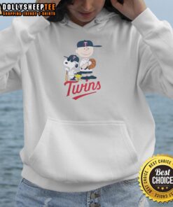 Alt Text: Snoopy and Charlie Brown in Minnesota Twins baseball hoodie, perfect for Peanuts fans and baseball lovers.