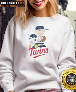 Snoopy and Charlie Brown on a Minnesota Twins baseball sweatshirt, showcasing nice Peanuts characters in a sporty design.