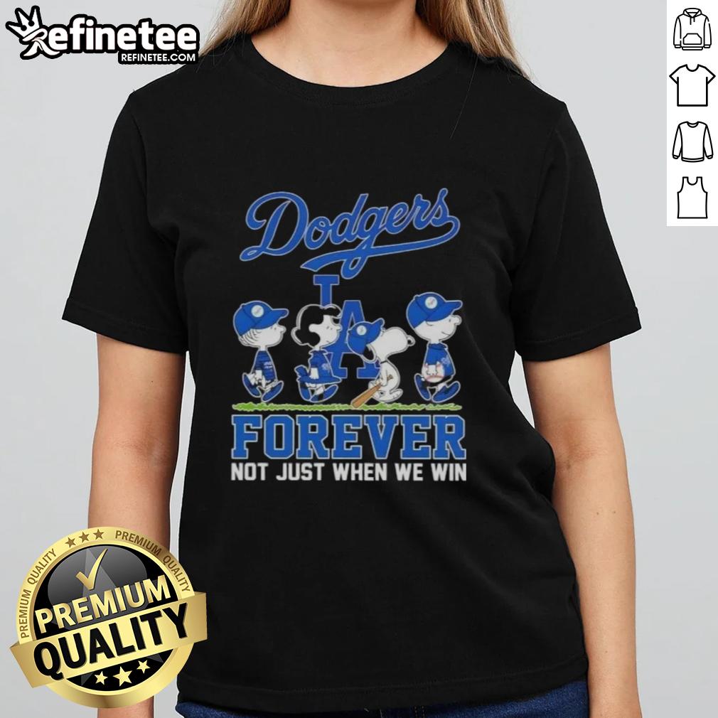 nice-peanuts-snoopy-and-friends-x-los-angeles-dodgers-forever-not-just-when-we-win-ladies-tee Ladies' tee featuring Snoopy and friends with Los Angeles Dodgers theme, 'Forever Not Just When We Win' design.