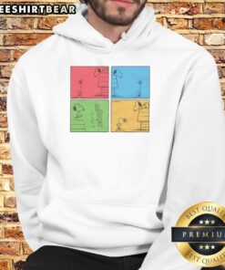 Nice Peanuts Snoopy and Woodstock panels hoodie featuring colorful designs of beloved characters in a cozy style.