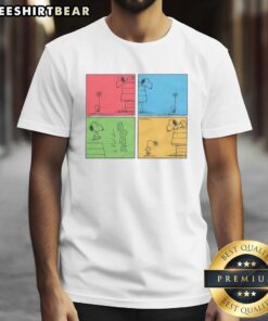 Alt Text: Nice Peanuts Snoopy and Woodstock Panels T-Shirt featuring iconic characters in colorful panel design.