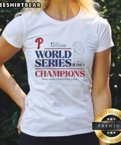 Nice Philadelphia Phillies Baseball 2025 World Series Champions Trophy Ladies Tee showcasing team pride and style.