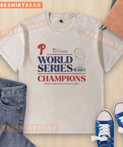 Nice Philadelphia Phillies 2025 World Series Champions trophy graphic on a washed t-shirt, perfect for baseball fans.