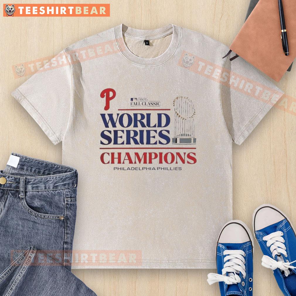 Nice Philadelphia Phillies Baseball 2025 World Series Champions Trophy Washed T-Shirt Nice Philadelphia Phillies 2025 World Series Champions trophy graphic on a washed t-shirt, perfect for baseball fans.