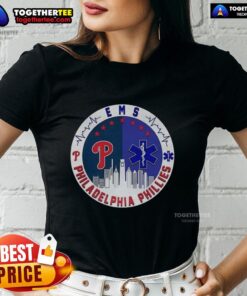 Philadelphia Phillies EMS city skyline ladies tee showcasing vibrant team colors and stylish design for fans.