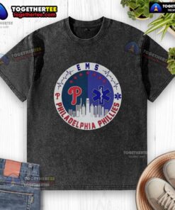 Alt Text: Nice Philadelphia Phillies EMS city skyline washed t-shirt featuring a stylish design for baseball fans.