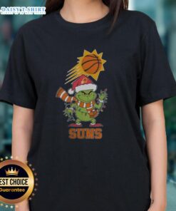 Phoenix Suns Christmas Grinch Santa Hat holiday tee for ladies, perfect for festive basketball fans in 2025.