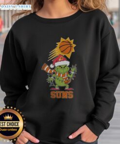 Phoenix Suns Christmas sweatshirt featuring a Grinch design and Santa hat for the 2025 holiday season.