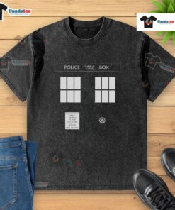 Nice Police Public Call Box TARDIS washed t-shirt featuring iconic blue box design for Doctor Who fans.