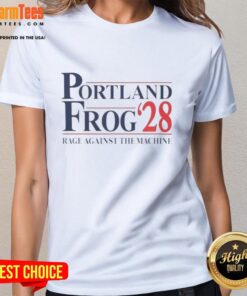 Nice Portland Frog 2028 Rage Against The Machine ladies tee featuring vibrant frog graphic and stylish design.