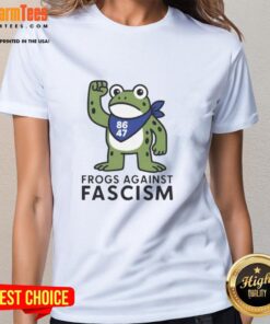 Nice Portland Frog Against Fascism 86-47 Ladies Tee featuring a vibrant frog design promoting anti-fascism activism.