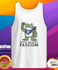 Colorful frog graphic on a tank top promoting anti-fascism in Nice, Portland - 'Frog Against Fascism' design.