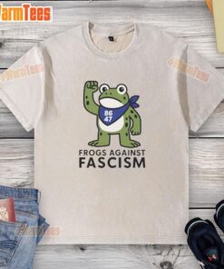 Alt Text: Nice Portland Frog Against Fascism t-shirt design featuring a vibrant frog graphic on a washed 86/47 tee.