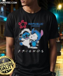 Nice Premium Stitch And Snoopy X Republic Services Friends T-Shirt featuring vibrant designs and comfortable fit.