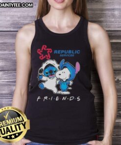 Nice Premium Stitch and Snoopy x Republic Services Friends tank top featuring colorful graphics and a comfortable fit.
