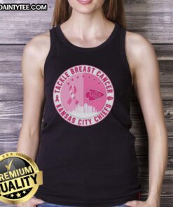 Nice Premium Tackle Breast Cancer Kansas City Chiefs Football skyline tank top featuring vibrant team colors and cityscape design.