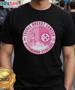 Nice Premium Tackle Breast Cancer Pittsburgh Steelers Football Skyline T-Shirt featuring team colors and skyline design.