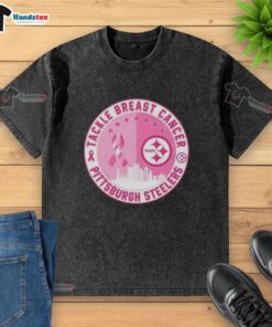 Nice Premium Tackle Breast Cancer Pittsburgh Steelers Football Skyline Washed T-Shirt featuring iconic skyline design.