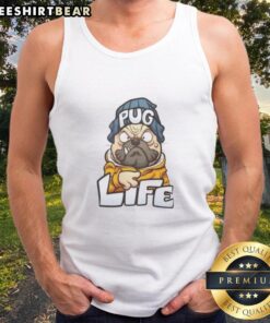 Cartoon pug wearing sunglasses and a cap on a tank top, showcasing a fun 'Nice Pug Life Gangsta Dog' design.