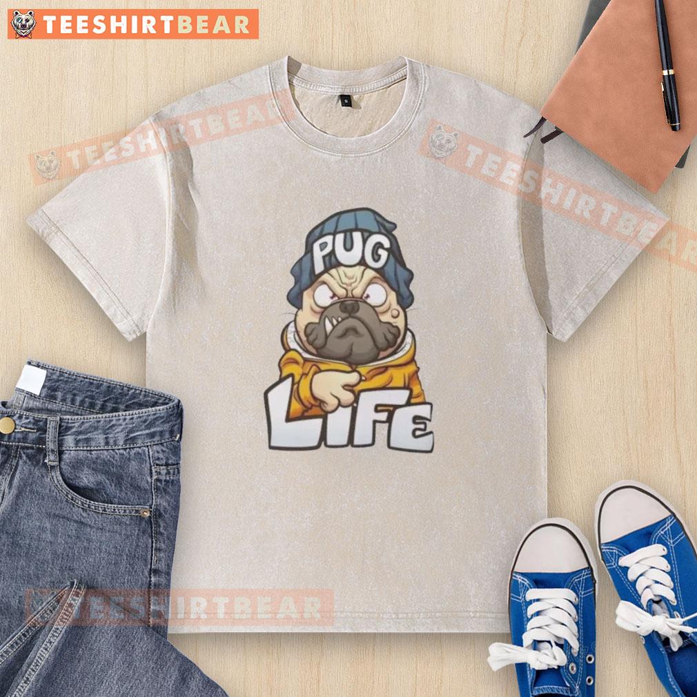 Nice Pug Life Gangsta Dog Cartoon Washed T Shirt Alt Text: Cartoon of a cool pug dressed like a gangster on a washed t-shirt, perfect for dog lovers and casual fashion.