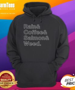 Cozy hoodie featuring a design with rain, coffee, salmon, and weed for a relaxed vibe. Perfect for casual wear.