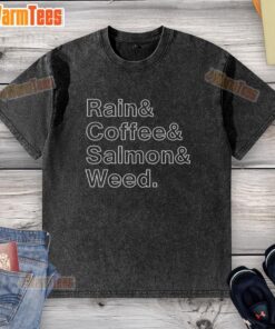 Nice rain and coffee themed washed t-shirt featuring salmon and weed graphic, perfect for casual wear.