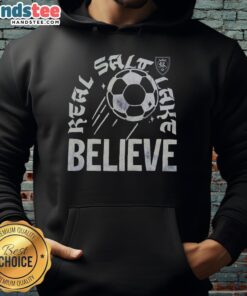 Nice Real Salt Lake Believe hoodie displayed on a hanger, showcasing team colors and logo for fans of RSL apparel.