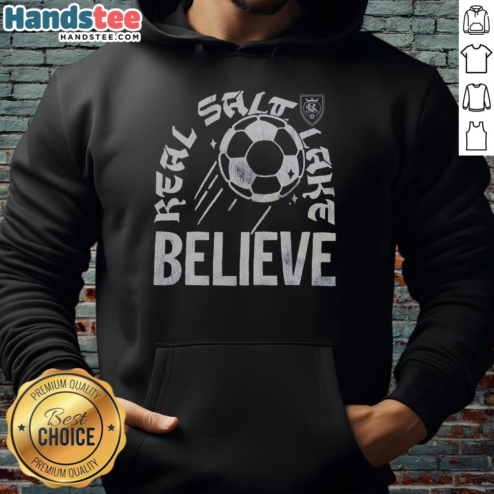 nice-real-salt-lake-believe-hoodie Nice Real Salt Lake Believe hoodie displayed on a hanger, showcasing team colors and logo for fans of RSL apparel.