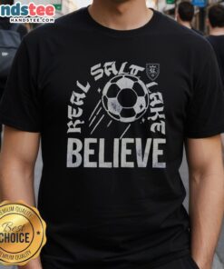Alt Text: Nice Real Salt Lake Believe T-Shirt featuring team colors and logo, perfect for fans and game-day attire.