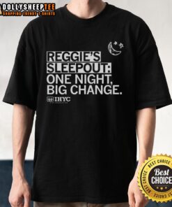 Nice Reggie's Sleepout T-shirt featuring 'One Night Big Change' slogan by IHYC, supporting YSS organization's mission.