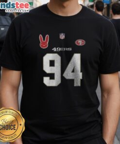 San Francisco 49ers Bad Bunny Benito 2025-2026 T-Shirt featuring vibrant graphics and comfortable fit for fans.