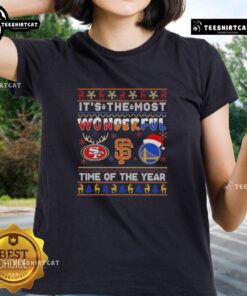 Christmas ladies tee featuring San Francisco 49ers, Giants, and Warriors logos for the most wonderful time of year.