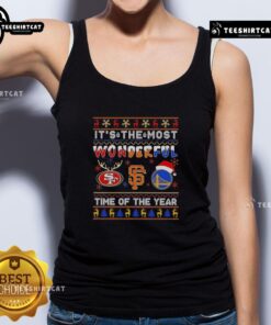 Festive Christmas tank top featuring San Francisco 49ers, Giants, and Warriors designs, perfect for holiday cheer.