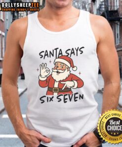Santa wearing sunglasses on a festive Christmas tank top saying 'Six Seven 67' for holiday cheer and style.