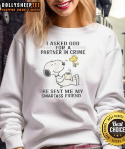 Nice Snoopy and Woodstock sweatshirt featuring the quote about a smartass friend as a partner in crime.