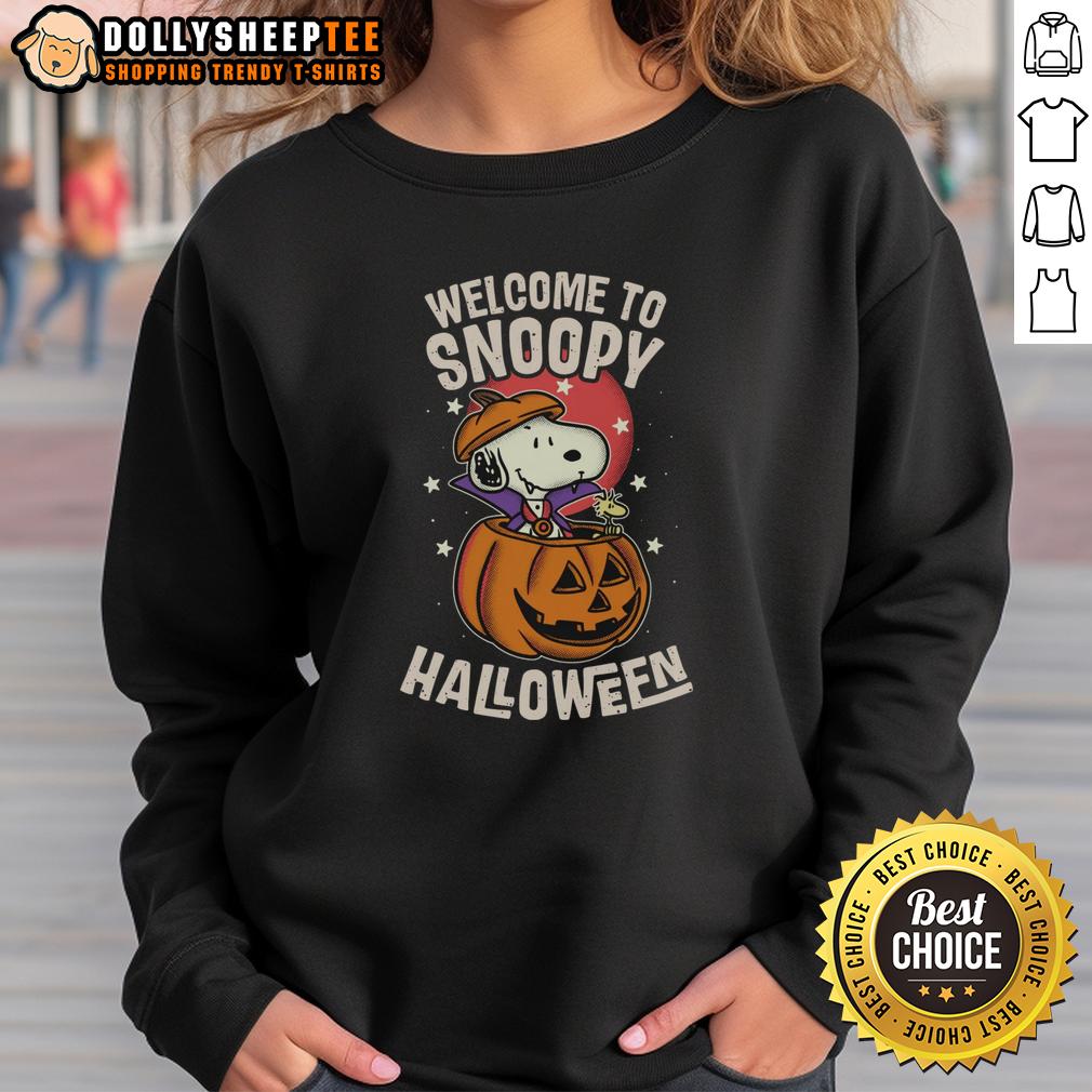 Nice Snoopyween Welcome To Snoopy Halloween Sweatshirt Cozy Snoopy Halloween sweatshirt featuring colorful Snoopy and Halloween-themed designs for a festive look.