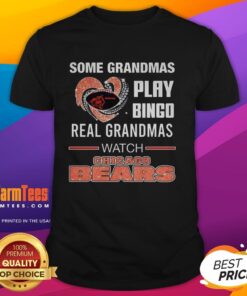 Grandma wearing a 'Real Grandmas Watch Chicago Bears Football' diamond heart t-shirt while playing bingo.