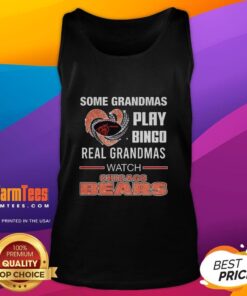 Grandmas enjoying bingo while wearing a Chicago Bears football tank top, showcasing their love for the game.