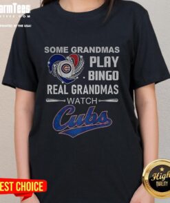 Grandmas enjoying Chicago Cubs baseball in a heart-themed tee while playing bingo at a fun gathering.
